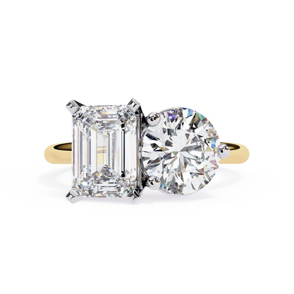 Emerald and round lab grown diamond Toi Et Moi engagement ring in gold