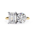 Emerald and round lab grown diamond Toi Et Moi engagement ring in gold