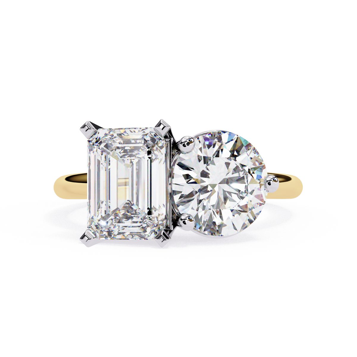 Emerald and round lab grown diamond Toi Et Moi engagement ring in gold