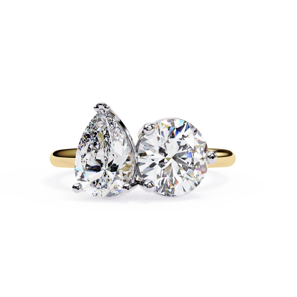 Pear and Round Shape Two-Stone Diamond Ring in Gold