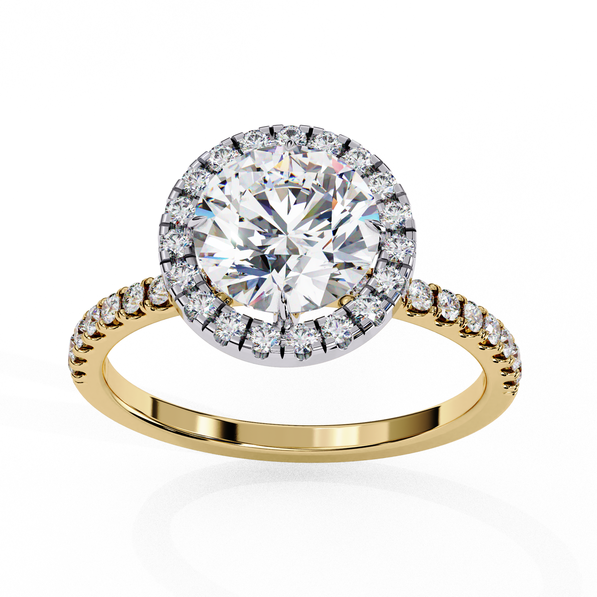 Bridal diamond ring featuring round cut center with halo design