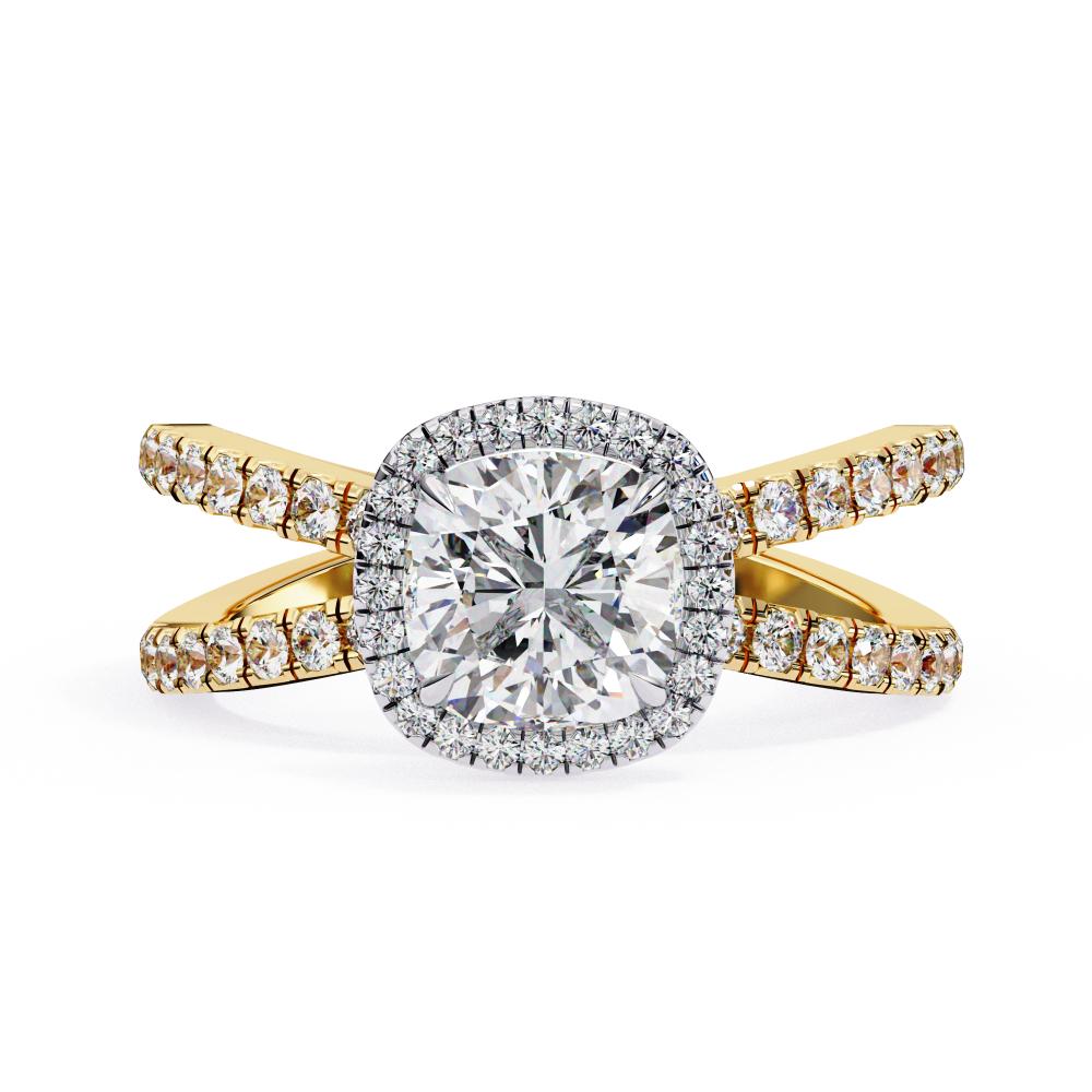Cushion halo diamond ring in gold with crossover design