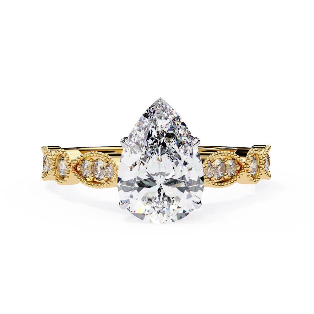 Gold Milgrain Cathedral engagement ring with pear shape diamond