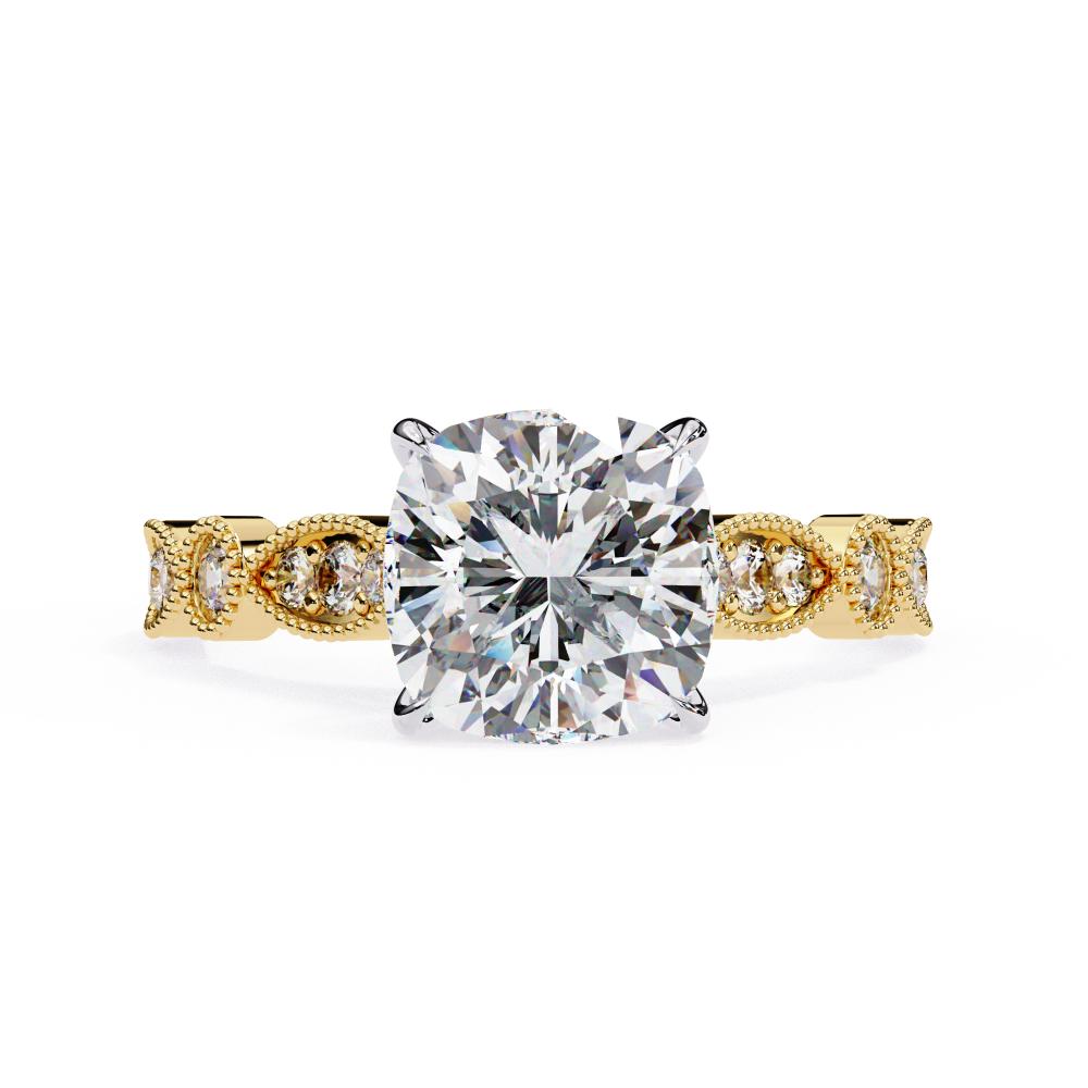Gold Milgrain Cathedral engagement ring with cushion-cut diamond
