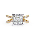 Princess halo diamond ring in gold with crossover design