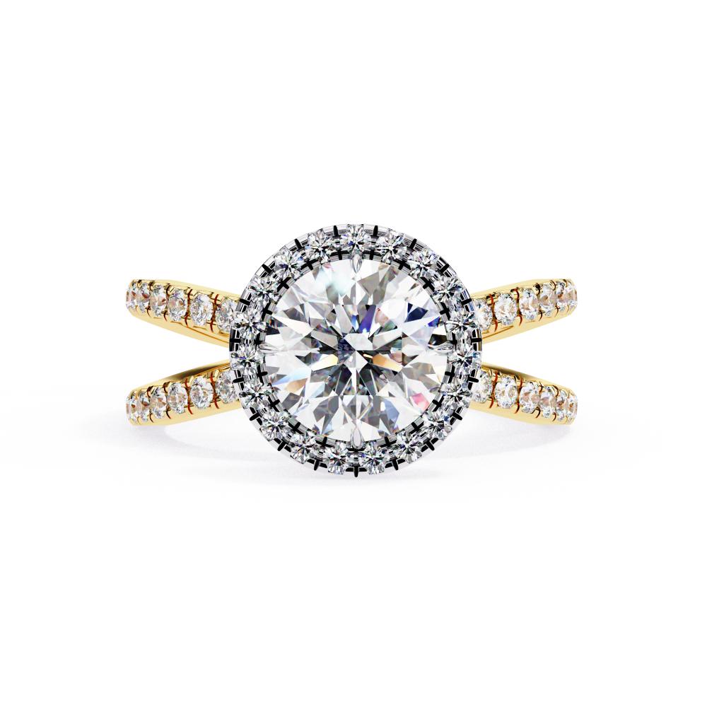 Round halo diamond ring in gold with crossover design