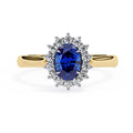 Oval blue sapphire and lab grown diamond halo engagement ring in gold
