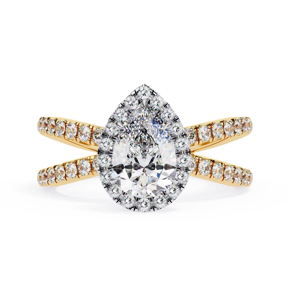 Pear halo diamond ring in gold with crossover design