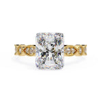 Gold Milgrain Cathedral engagement ring with radiant-cut diamond