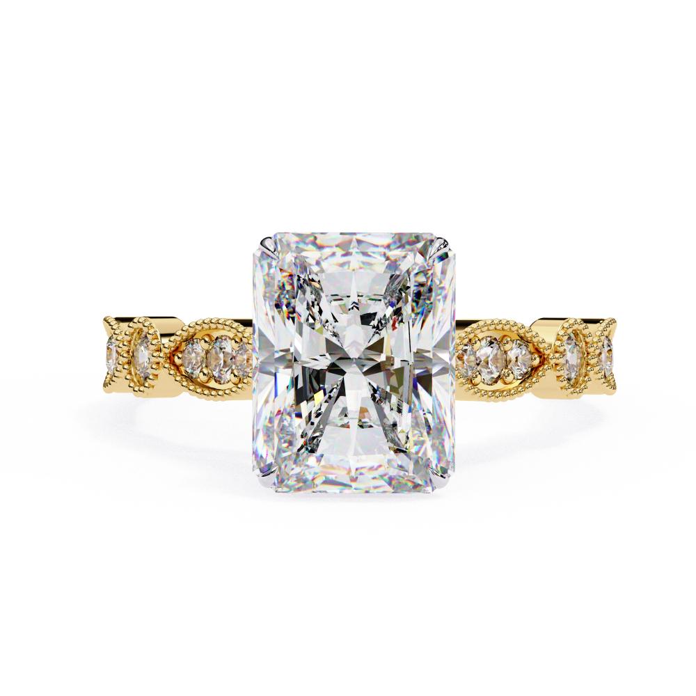 Gold Milgrain Cathedral engagement ring with radiant-cut diamond