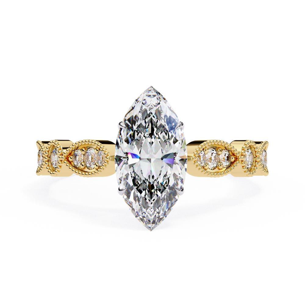 Gold Milgrain Cathedral engagement ring with marquise diamond