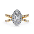Marquise halo diamond ring in gold with crossover design
