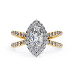 Marquise halo diamond ring in gold with crossover design