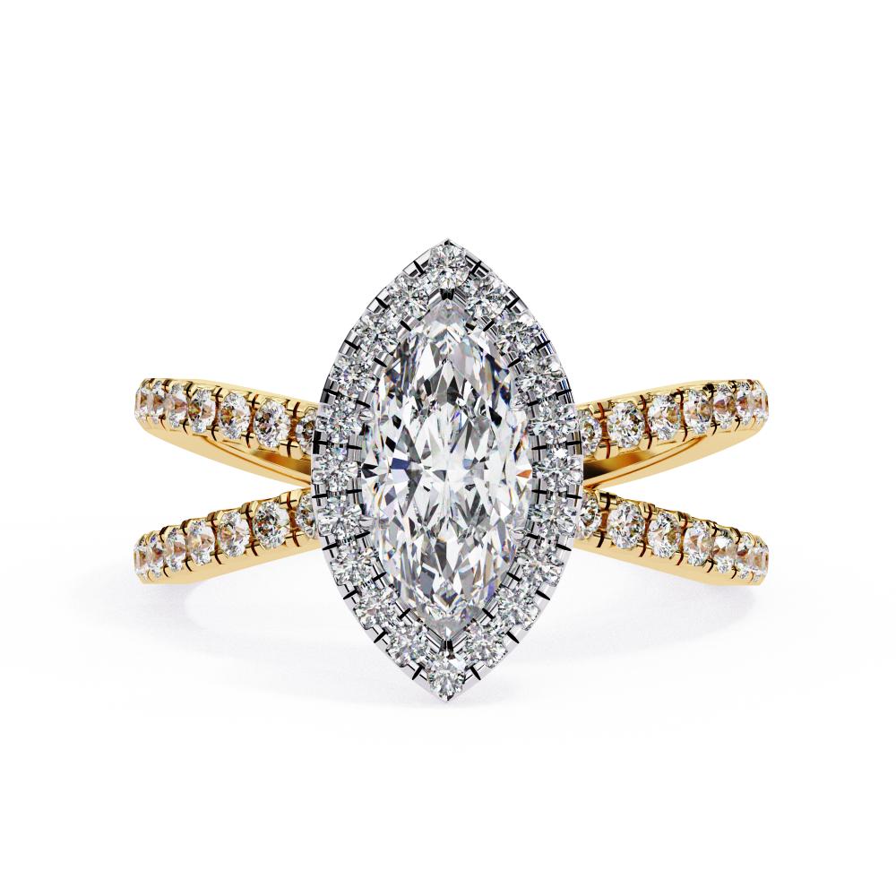 Marquise halo diamond ring in gold with crossover design