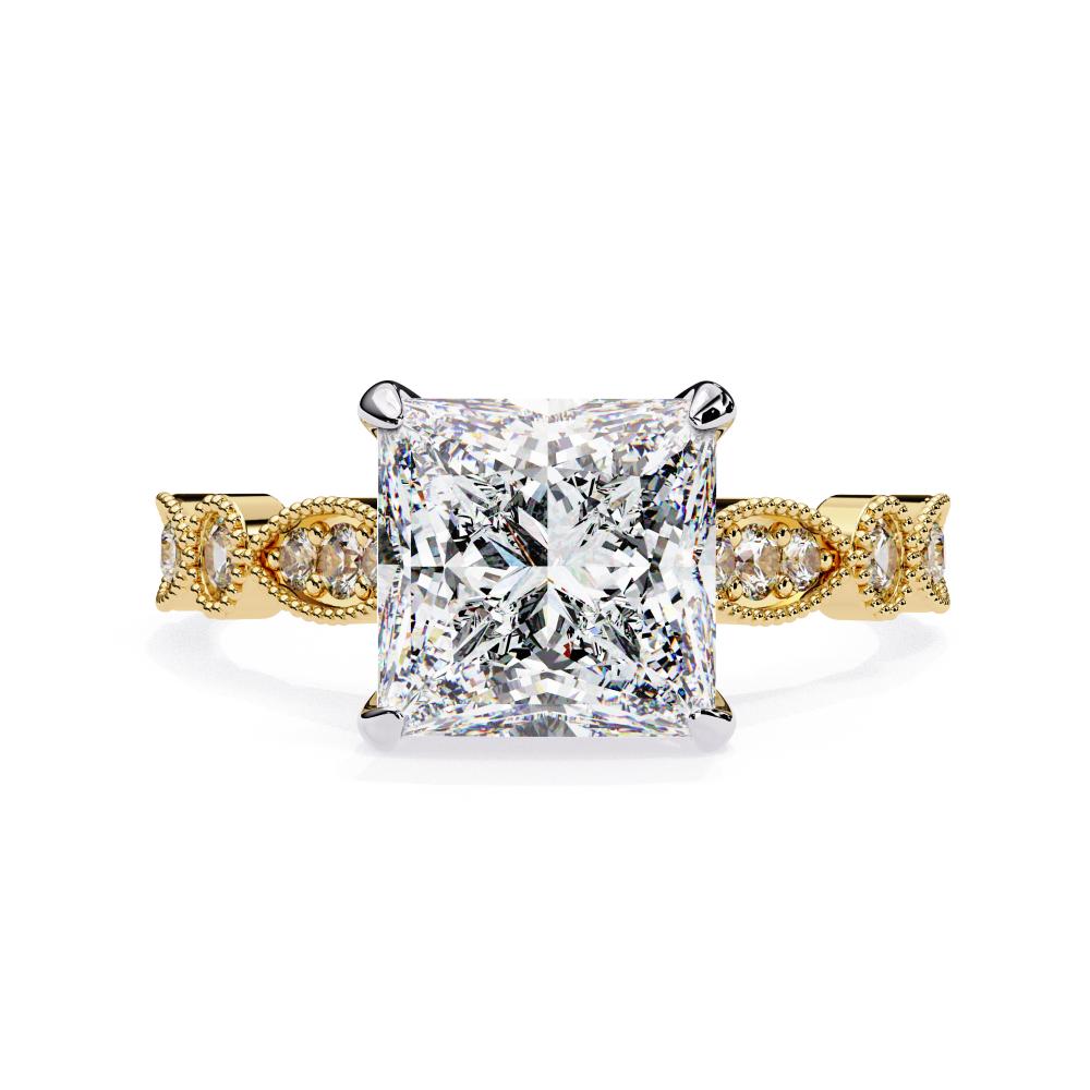 Gold Milgrain Cathedral engagement ring with princess-cut diamond