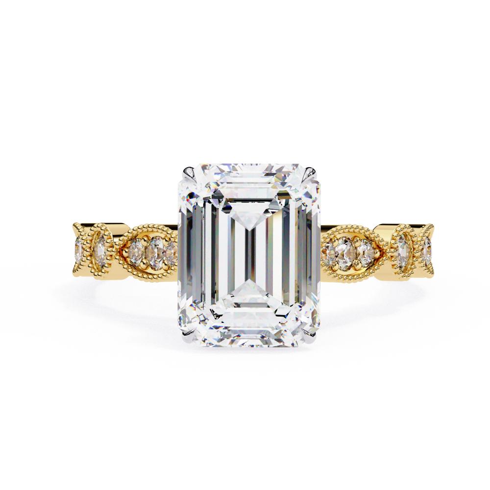 Gold Milgrain Cathedral engagement ring with emerald diamond