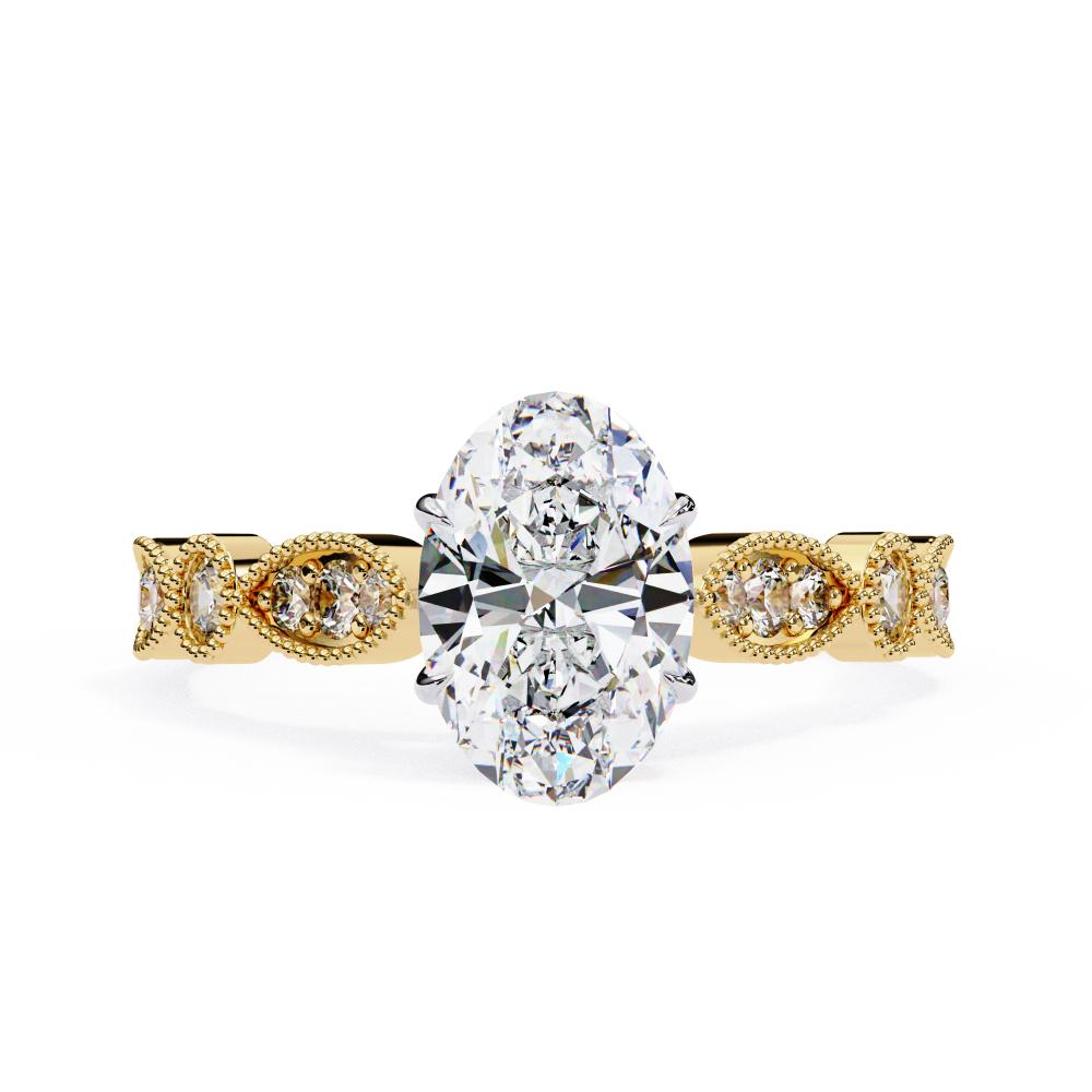 Gold Milgrain Cathedral engagement ring with oval shape diamond