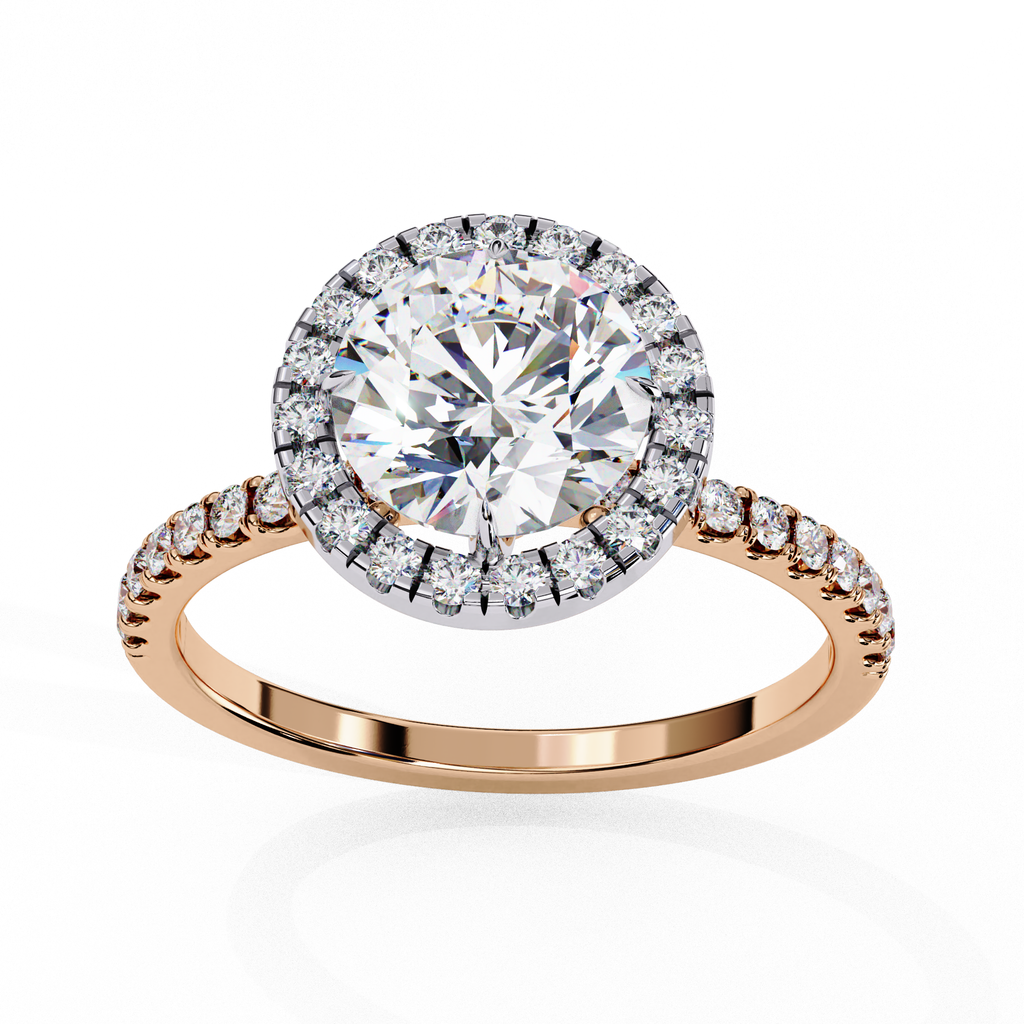 Bridal diamond ring featuring round cut center with halo design