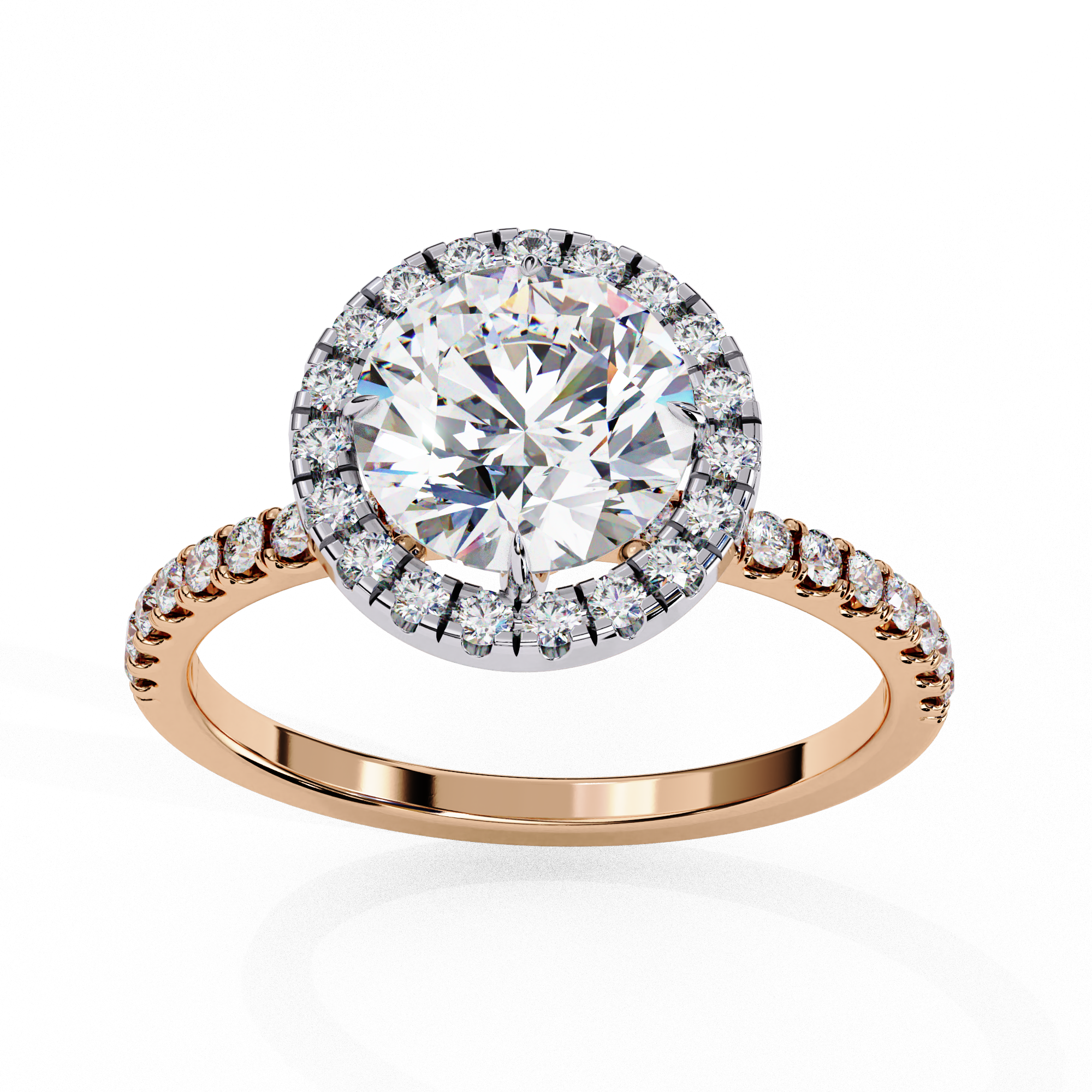 Bridal diamond ring featuring round cut center with halo design