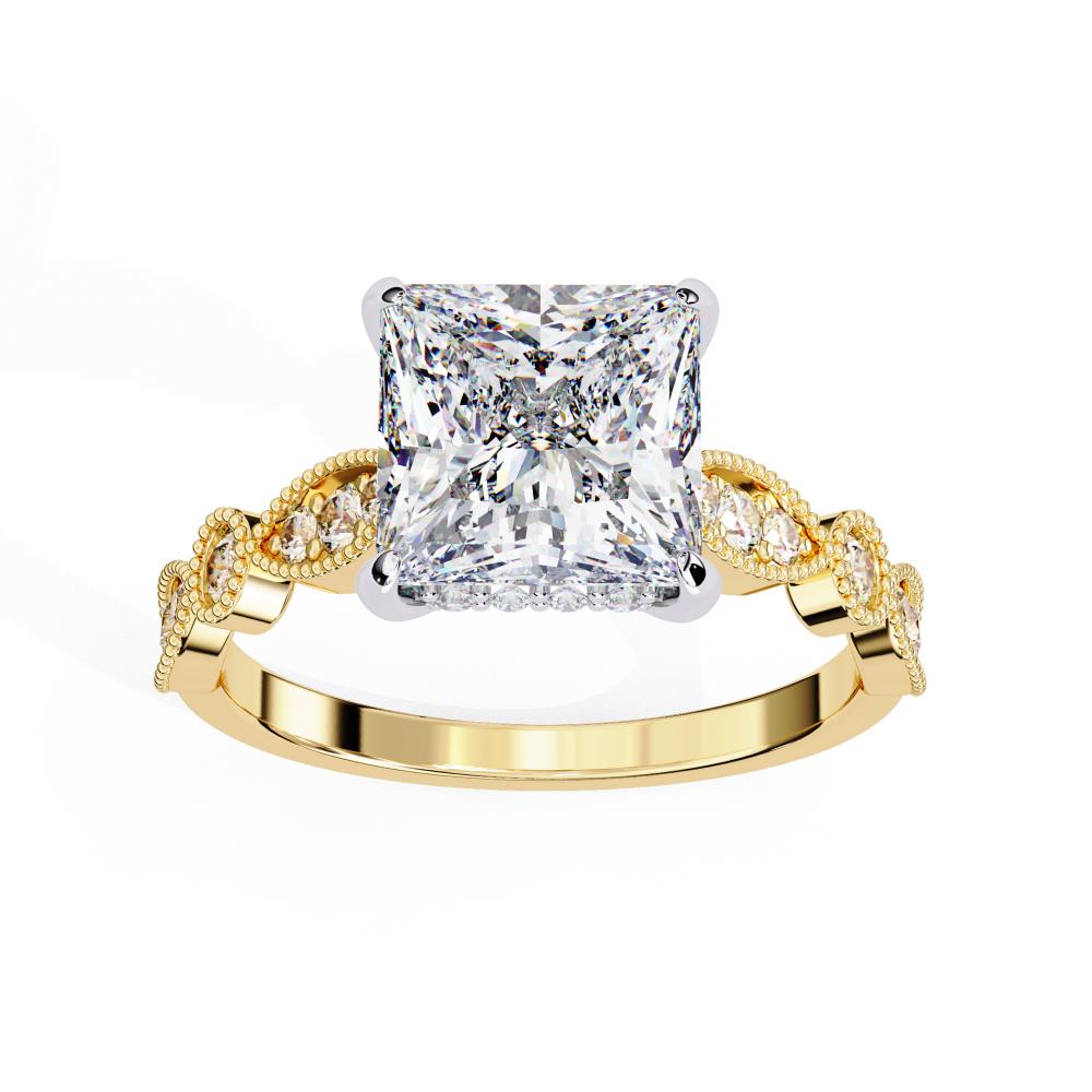 Gold engagement ring with princess diamond and Milgrain details