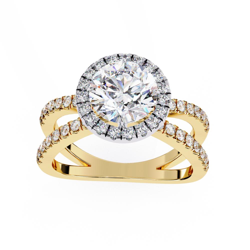 Round halo diamond engagement ring in gold with crossover design