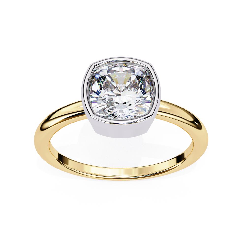 Bezel Cushion Cut Solitaire Diamond Engagement Ring in Gold