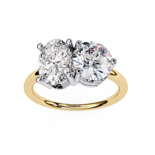 Gold engagement ring with oval and round lab grown diamonds