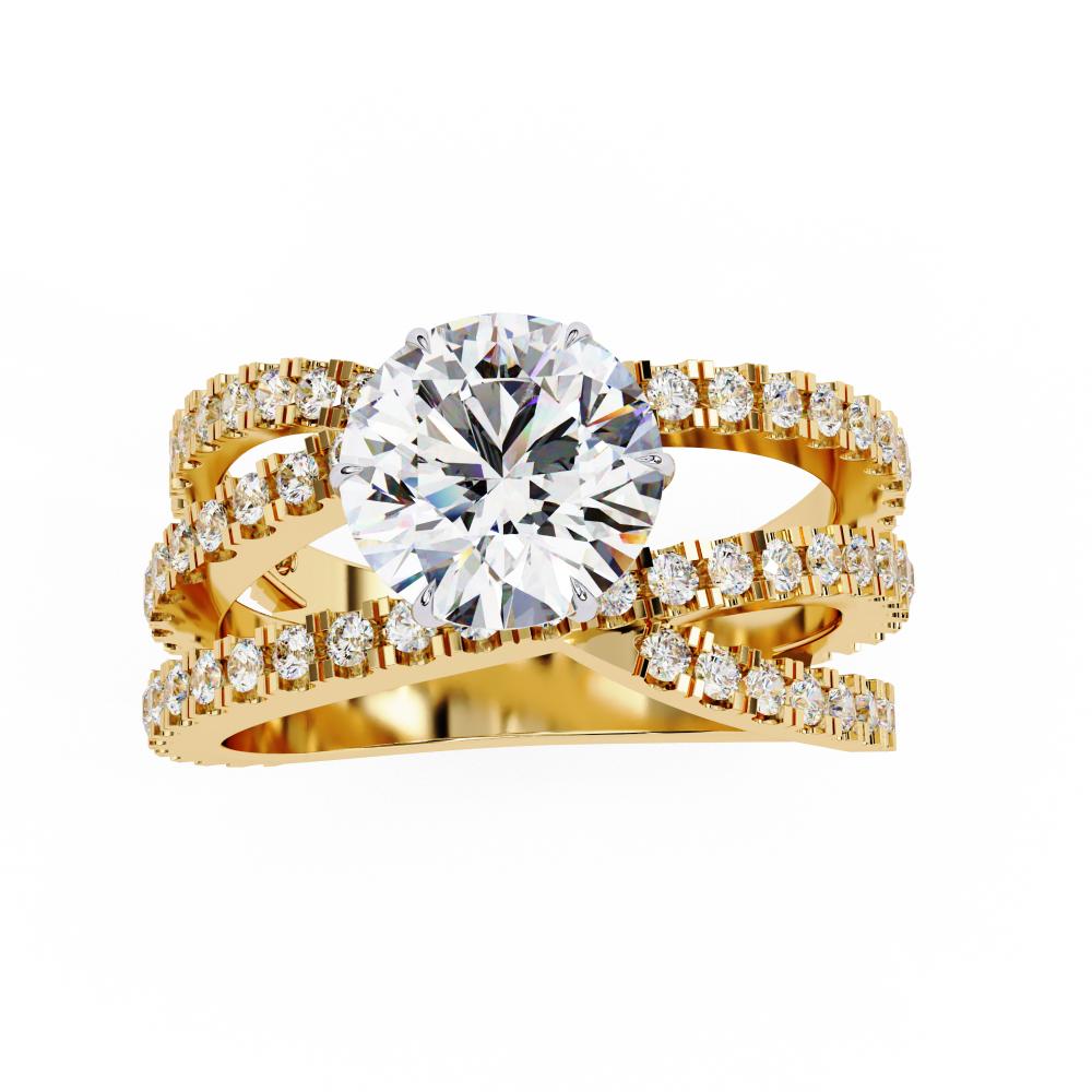 Round solitaire diamond engagement ring with criss-cross gold band