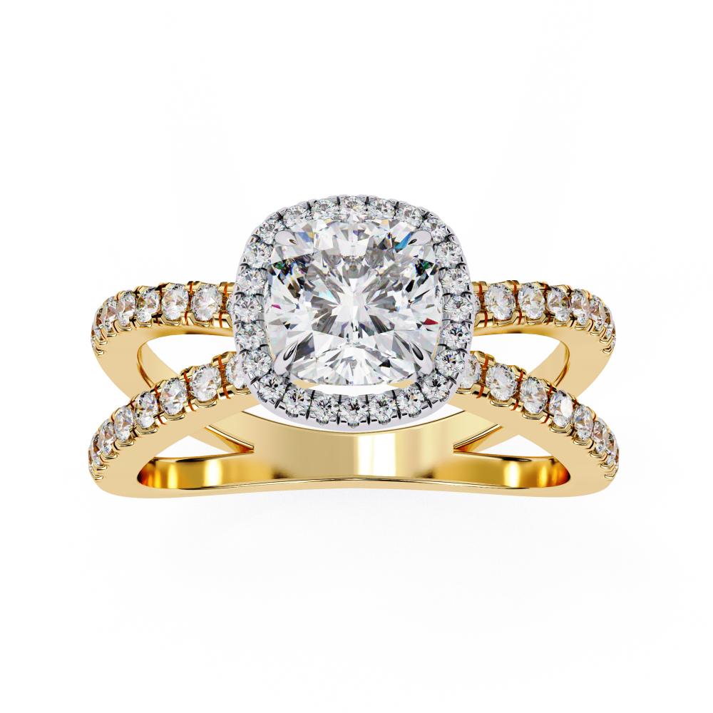 Cushion halo diamond engagement ring in gold with crossover design