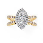 Marquise halo diamond engagement ring in gold with crossover design