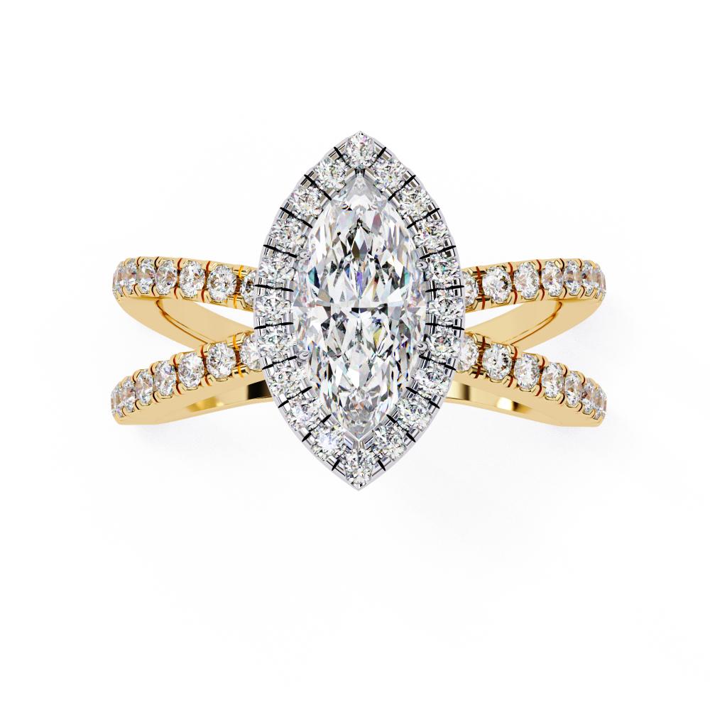Marquise halo diamond engagement ring in gold with crossover design