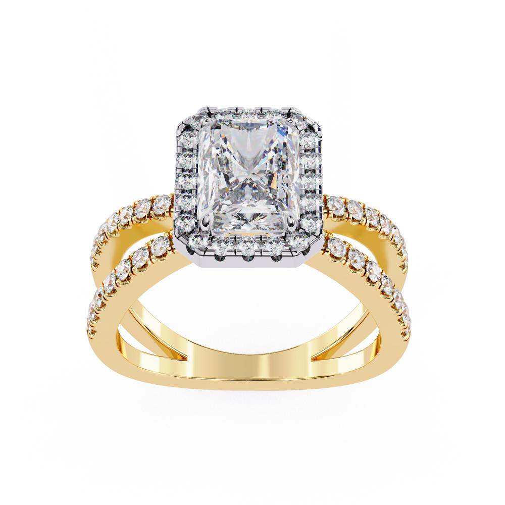 Radiant halo diamond engagement ring in gold with crossover design