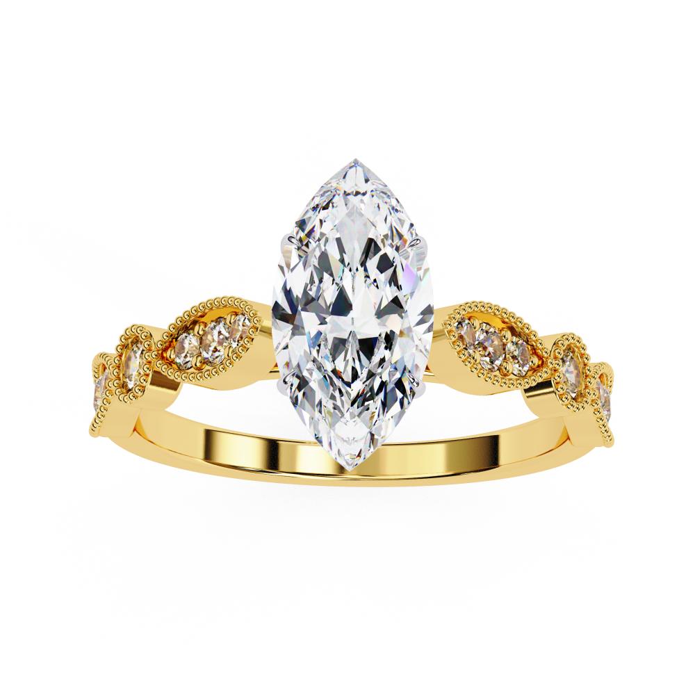Gold engagement ring with marquise diamond and Milgrain details