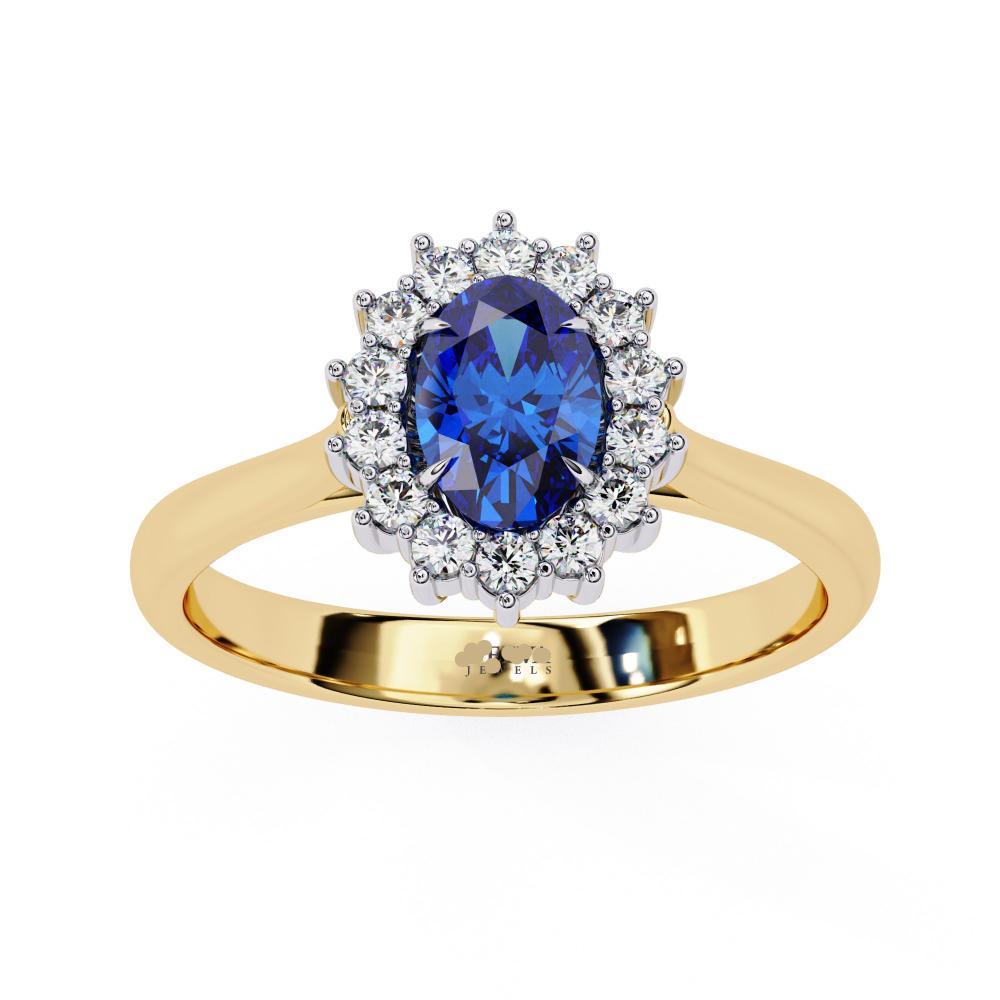 Oval Blue Sapphire and Diamond Halo Ring in Gold
