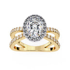 Oval halo diamond engagement ring in gold with crossover design