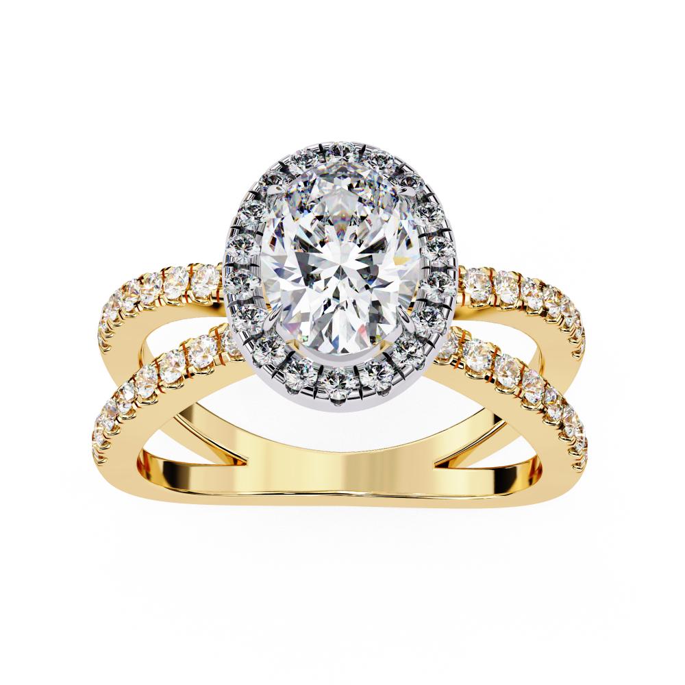 Oval halo diamond engagement ring in gold with crossover design