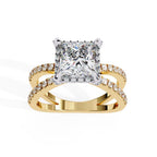 Princess halo diamond engagement ring in gold with crossover design
