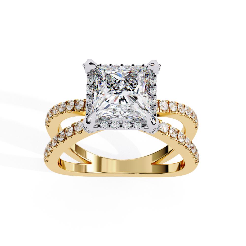 Princess halo diamond engagement ring in gold with crossover design