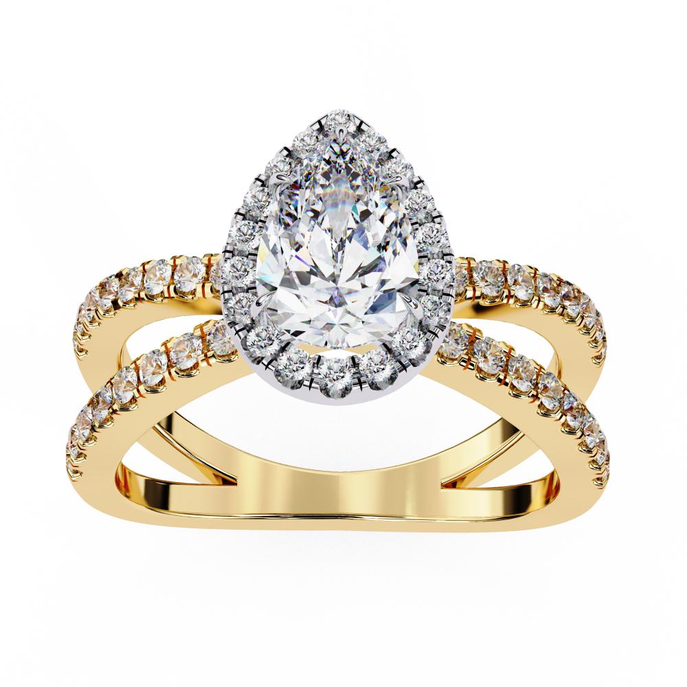 Pear halo diamond engagement ring in gold with crossover design