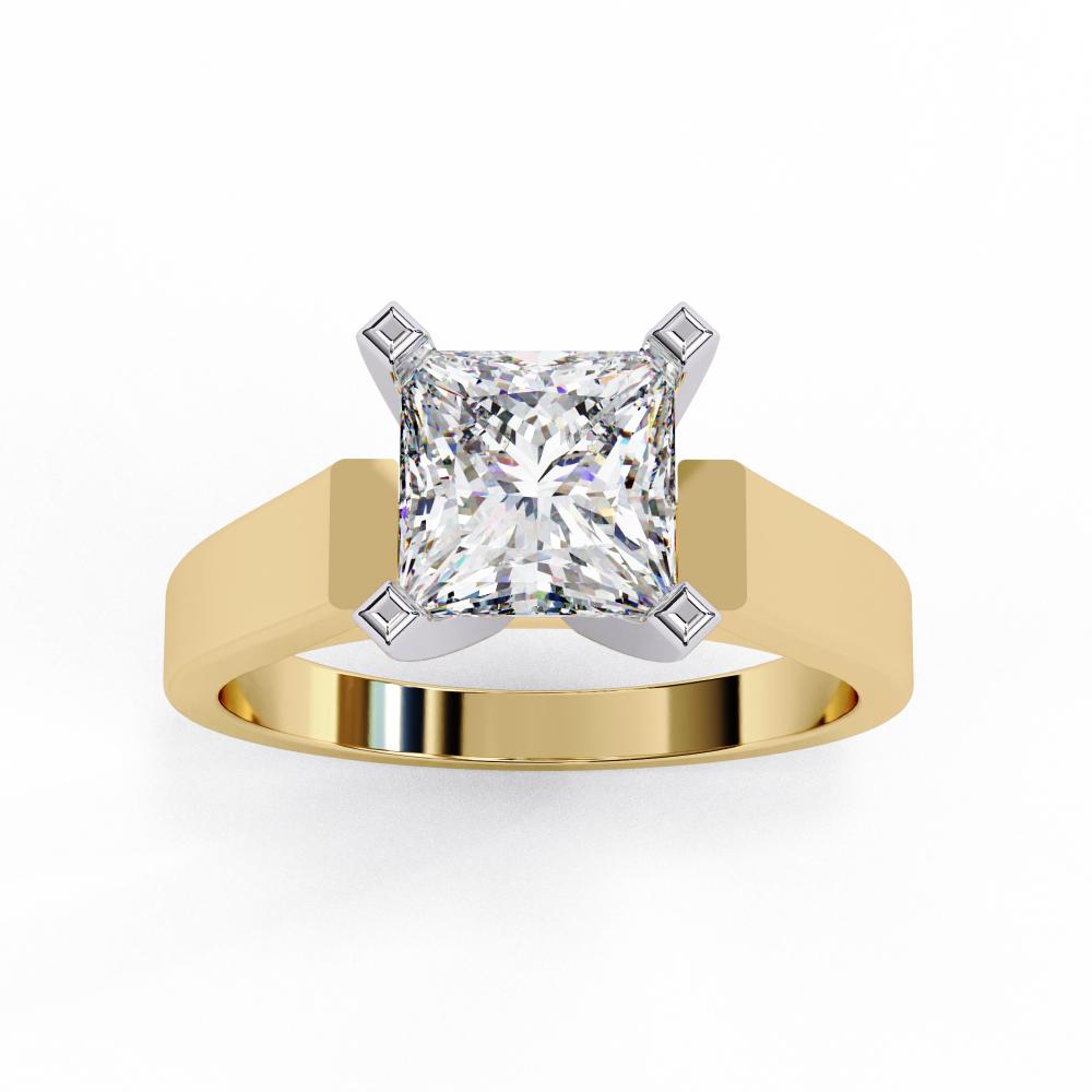 Gold engagement ring featuring a princess cut solitaire diamond