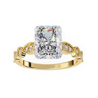 Gold engagement ring with radiant diamond and Milgrain details