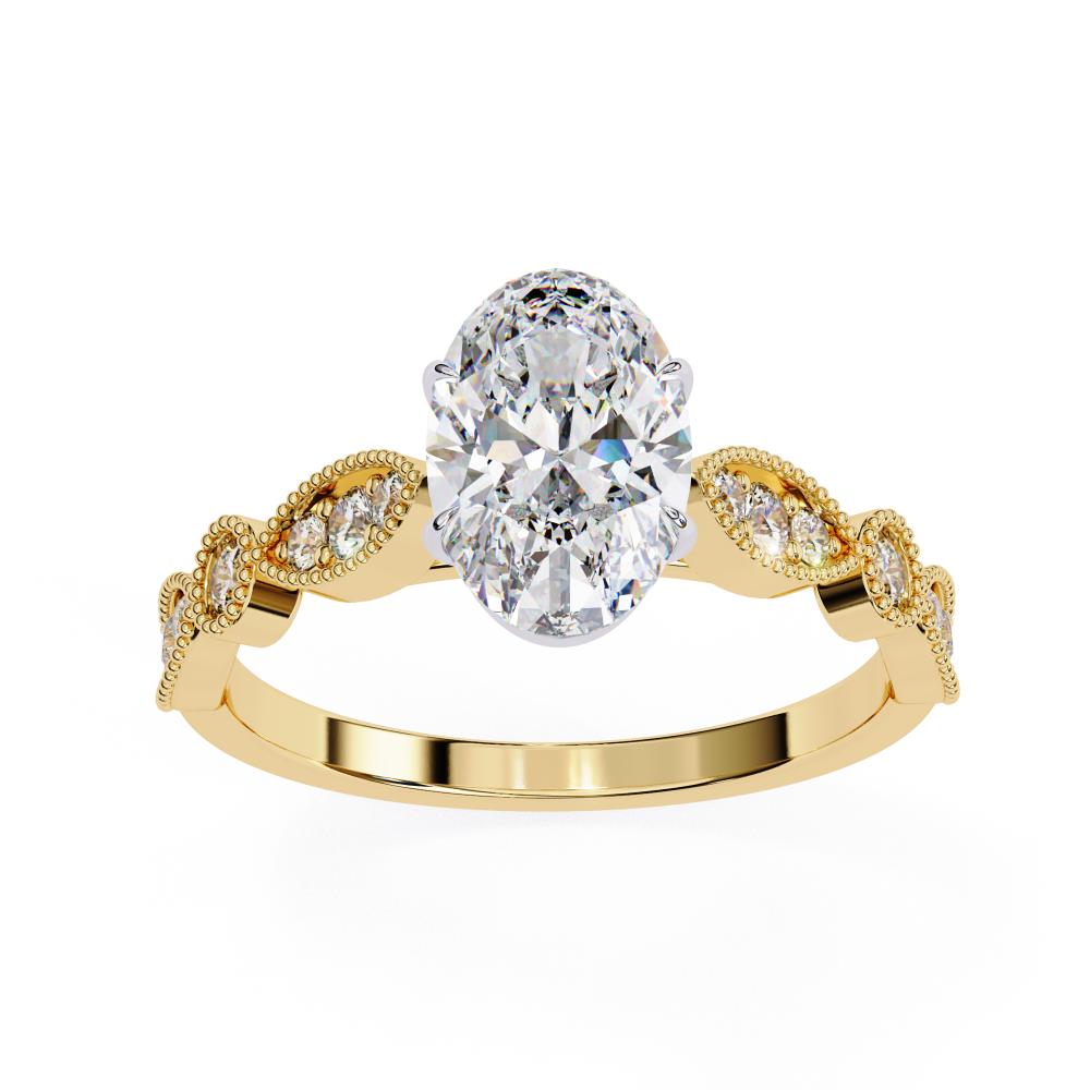Gold engagement ring with oval diamond and Milgrain details