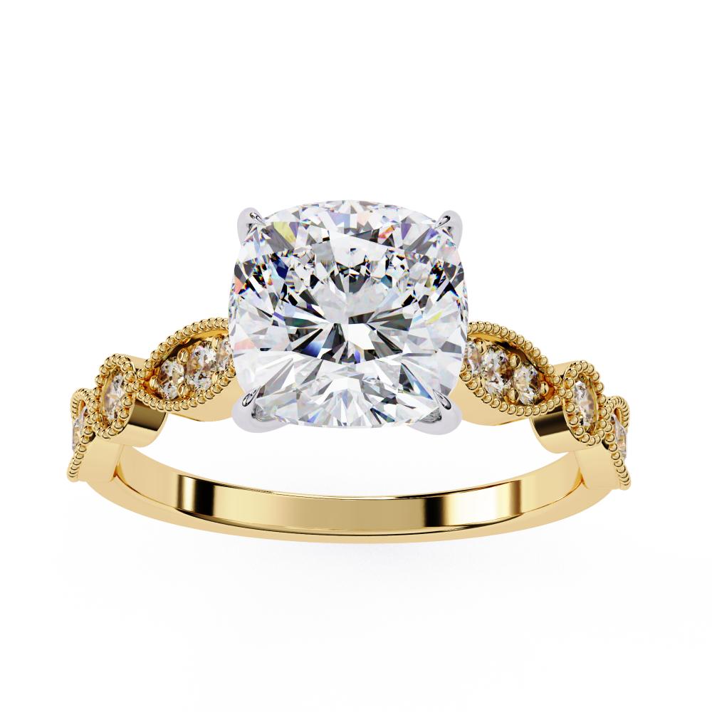 Gold engagement ring with cushion diamond and Milgrain details