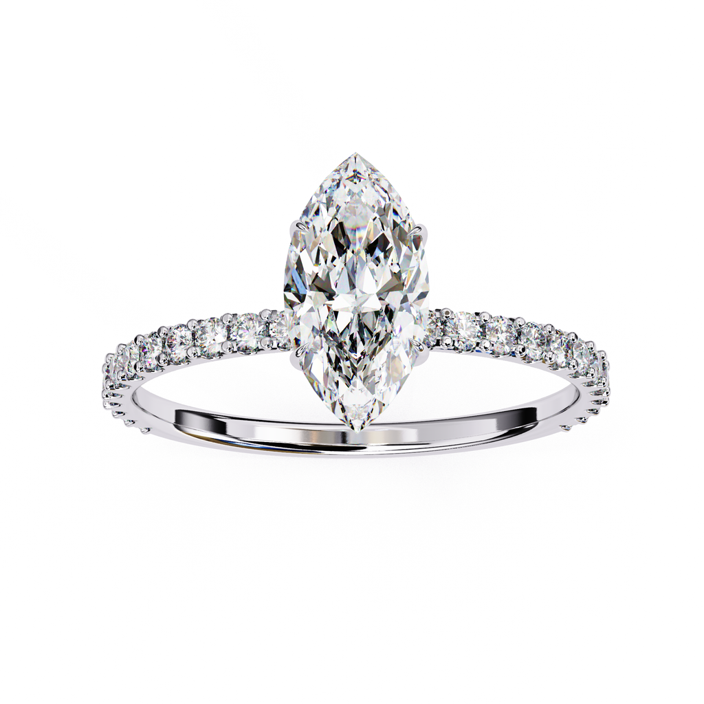 Bridal diamond ring with Marquise cut and pavé band detail