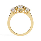 Three-stone cushion cut diamond ring in yellow gold – affordable engagement ring