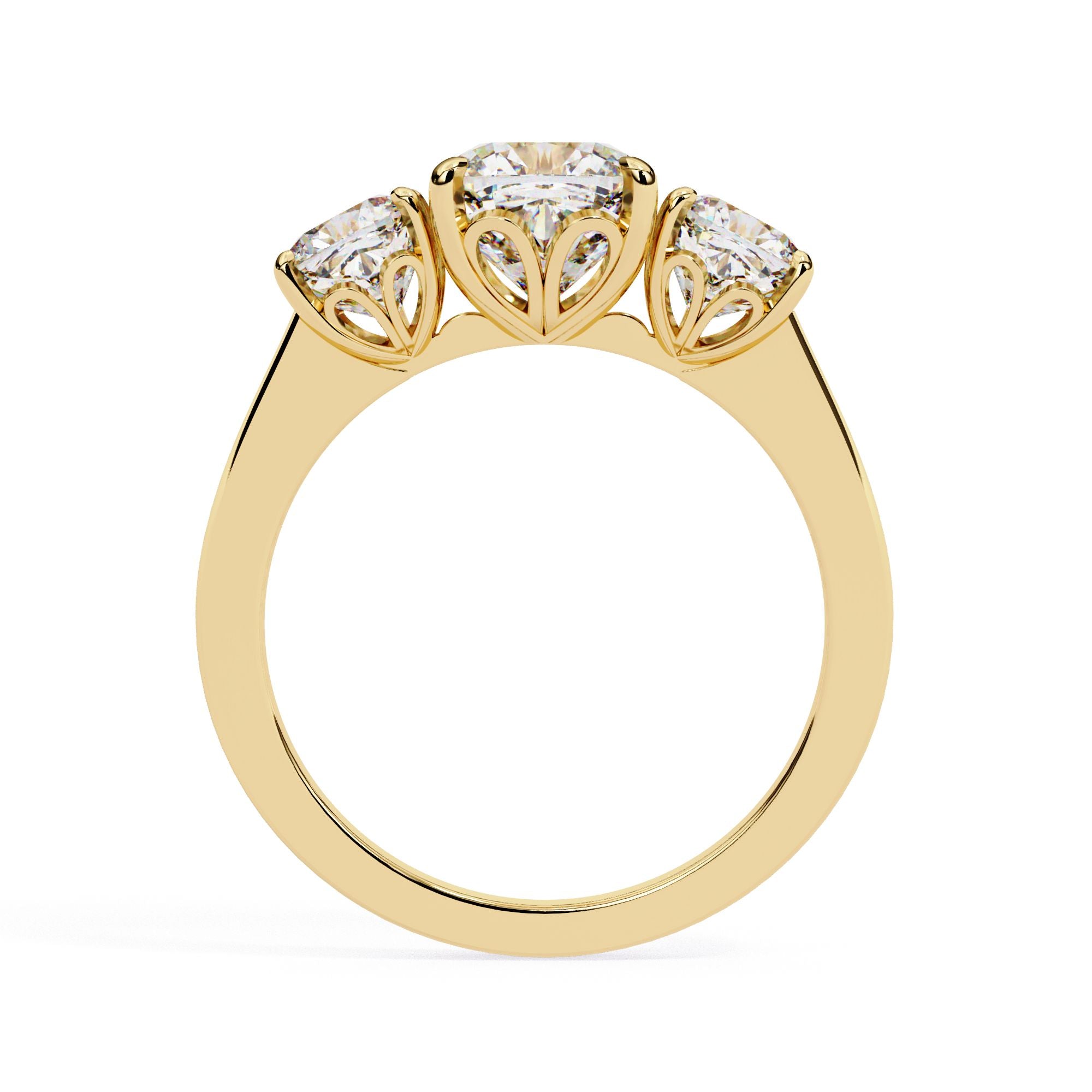 Three-stone cushion cut diamond ring in yellow gold – affordable engagement ring