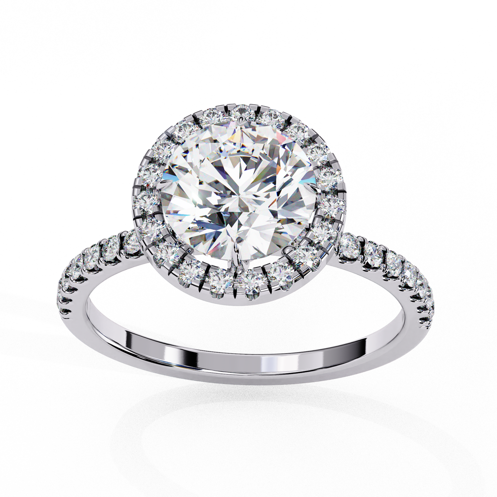 Bridal diamond ring featuring round cut center with halo design