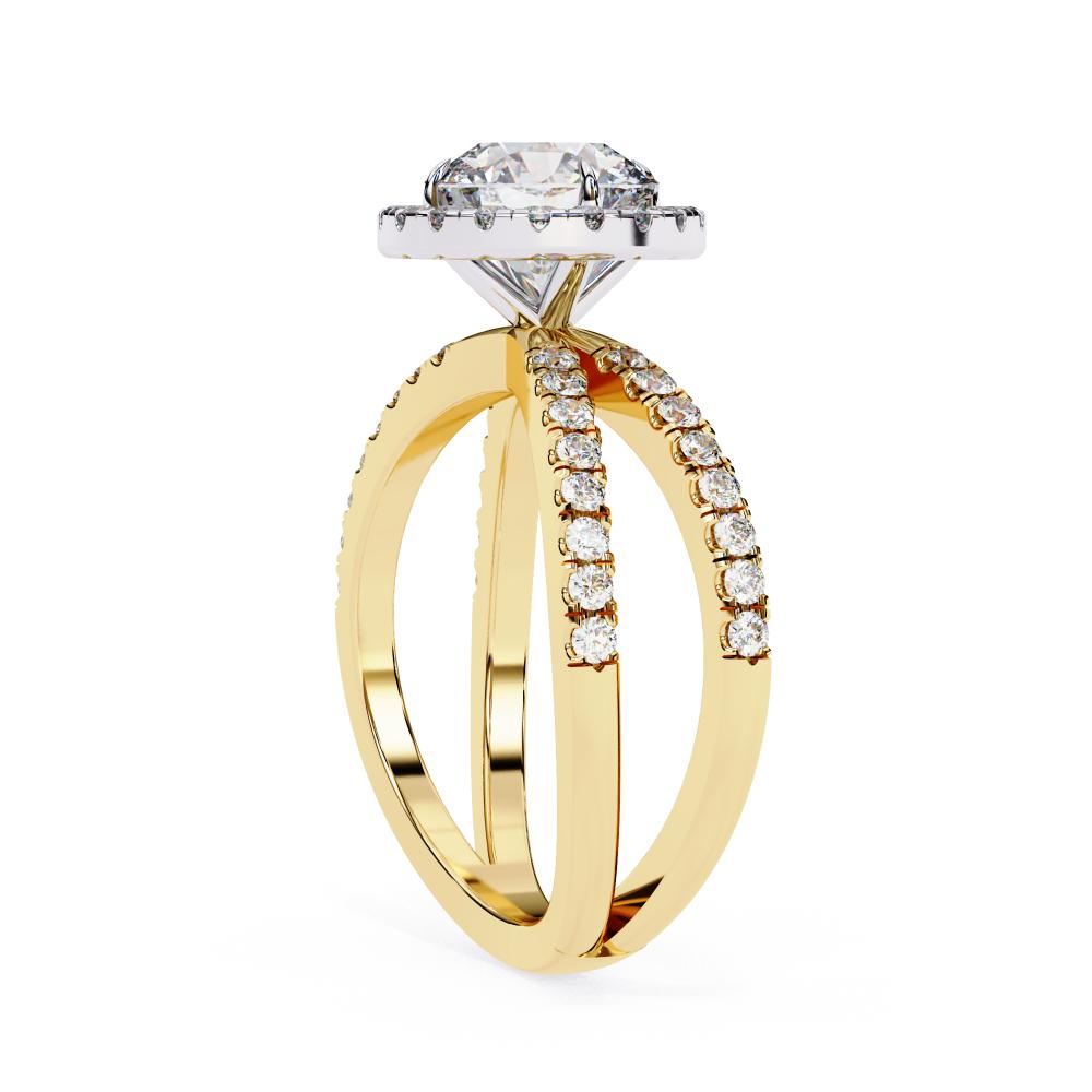 The Round Halo Crossover Engagement Ring in Gold