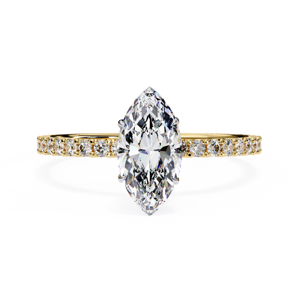 Marquise cut diamond engagement ring with pavé gold band