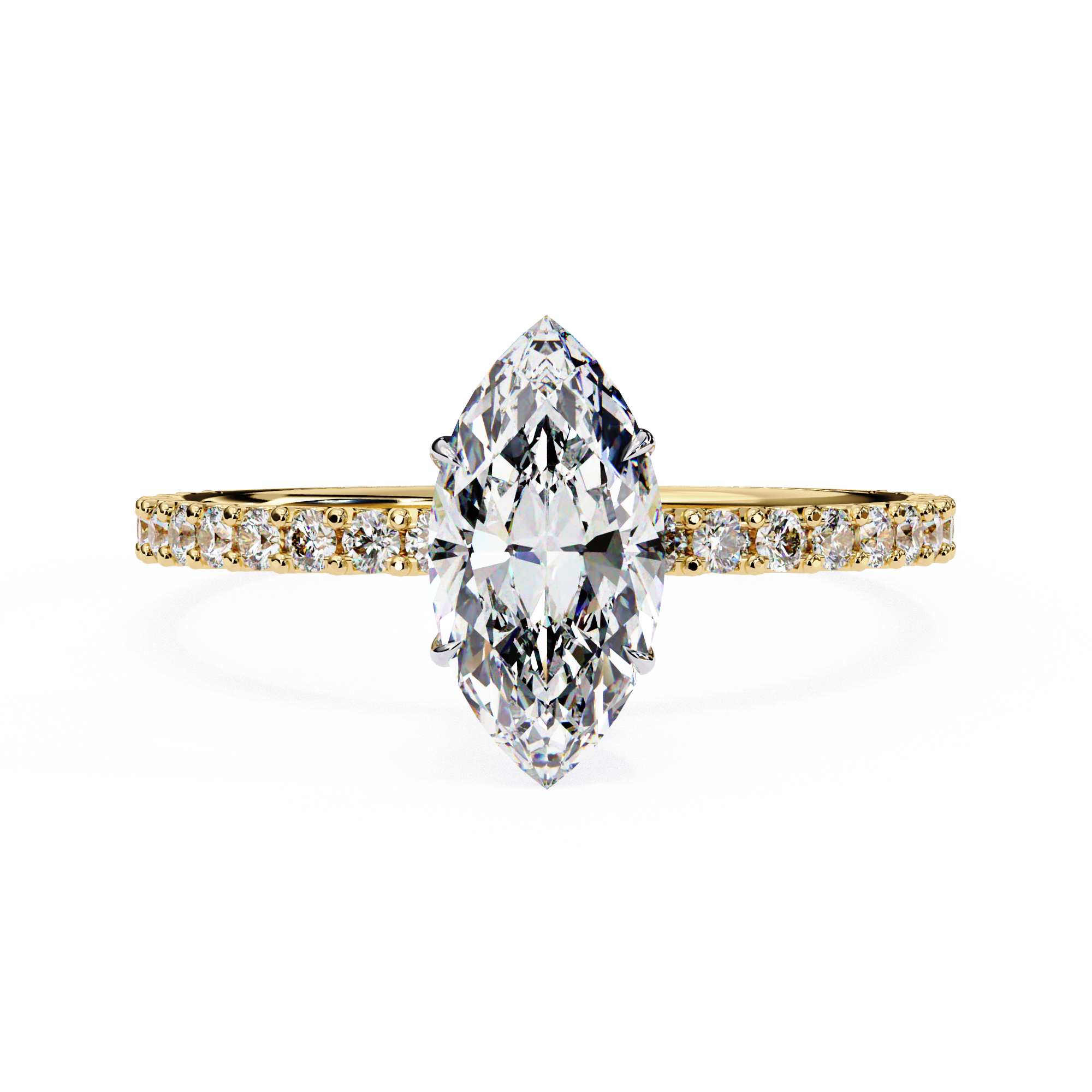 Marquise cut diamond engagement ring with pavé gold band